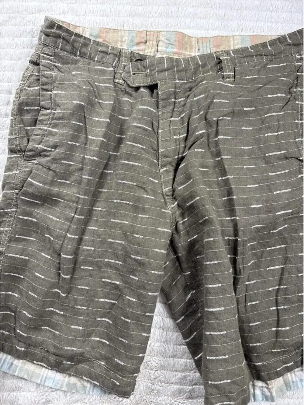 Tommy Bahama Shorts Mens‎ 32x9” Beige Plaid Reversible Green 100% Linen Summer